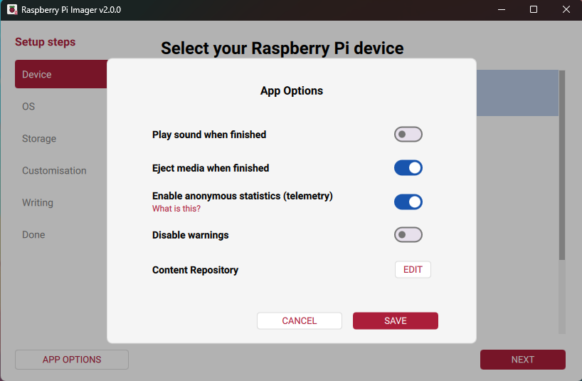 应用选项对话框