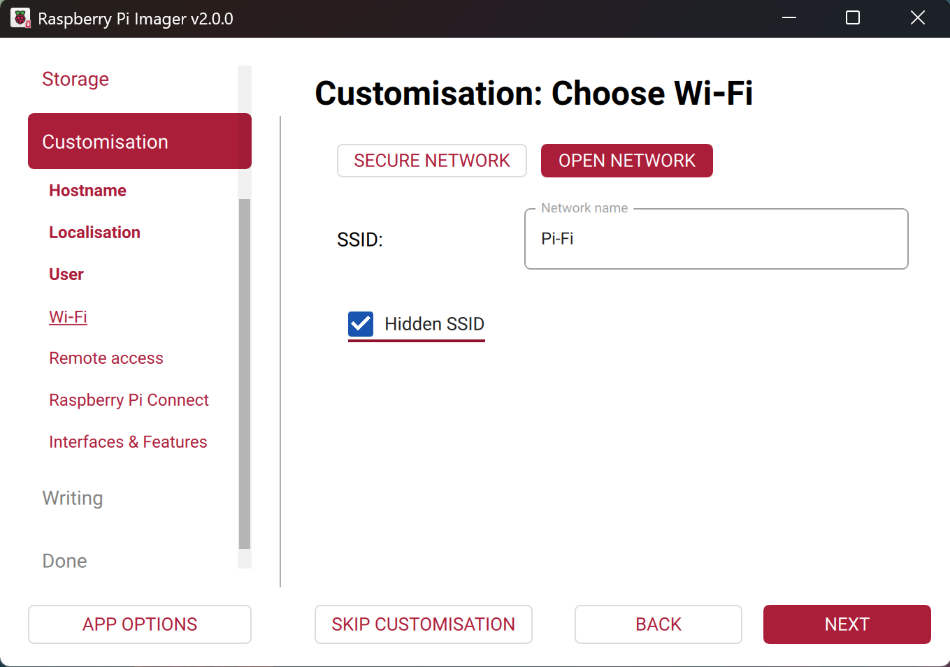 Imager OS自定义设置-Wi-Fi选项卡，开放网络