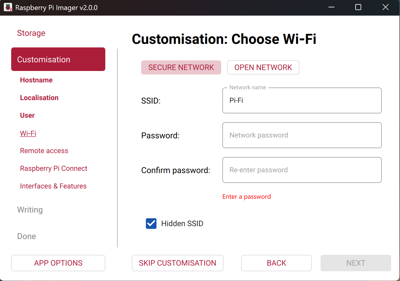 Imager OS自定义设置-Wi-Fi选项卡，安全网络界面
