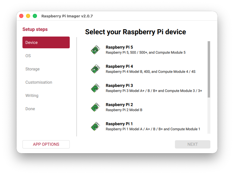 Raspberry Pi Imager 打开后，显示设备页面，其中包含一系列可供选择的树莓派设备。