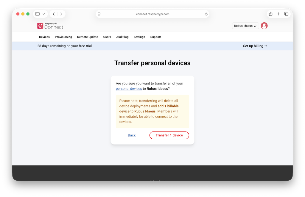 Raspberry Pi Connect 界面，确认是否要将设备导入到组织 Connect 账户。