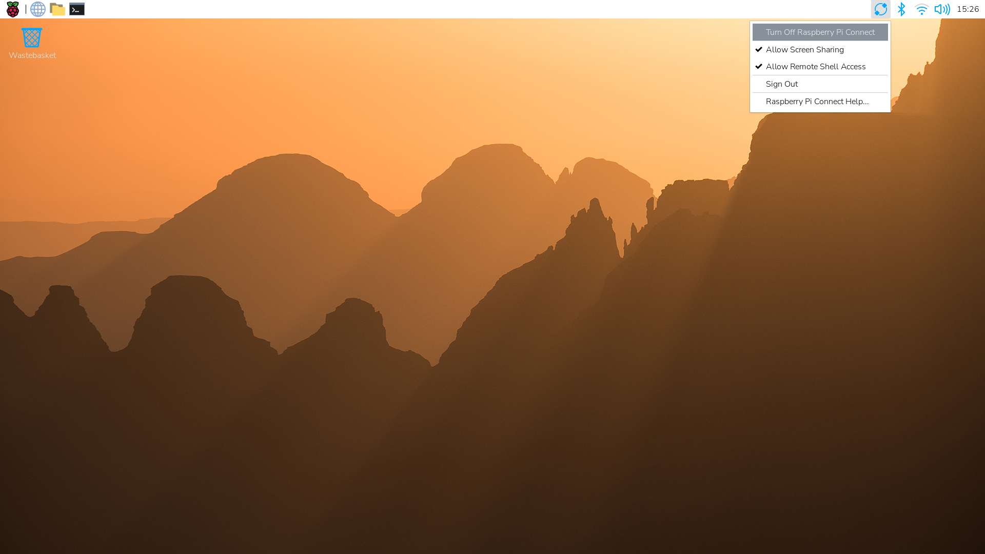 Connect 界面，显示'关闭 Raspberry Pi Connect'下拉菜单选项。